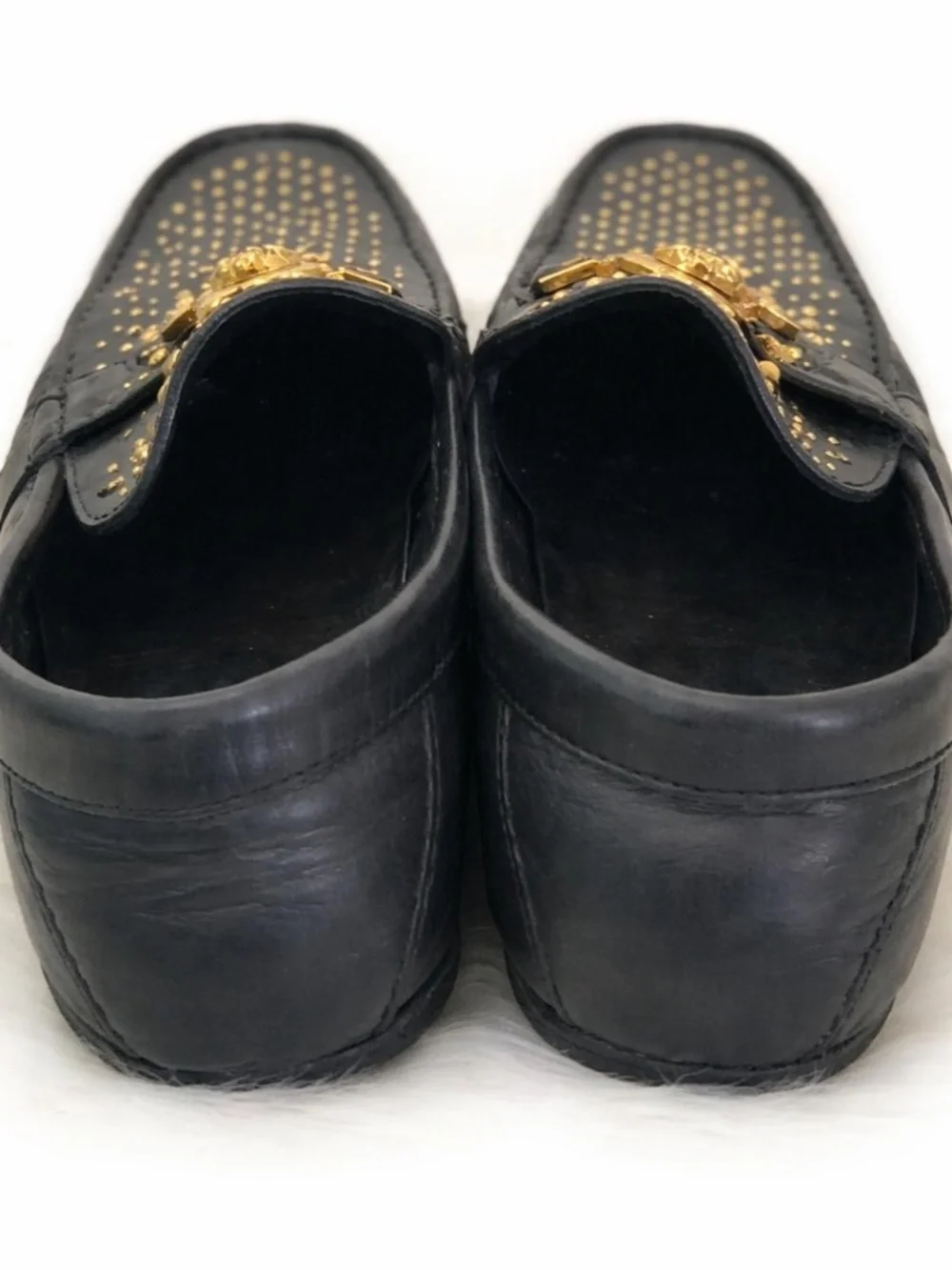 Versace Black Leather Studded Medusa Medallion Driving Loafers - Size 6 COA